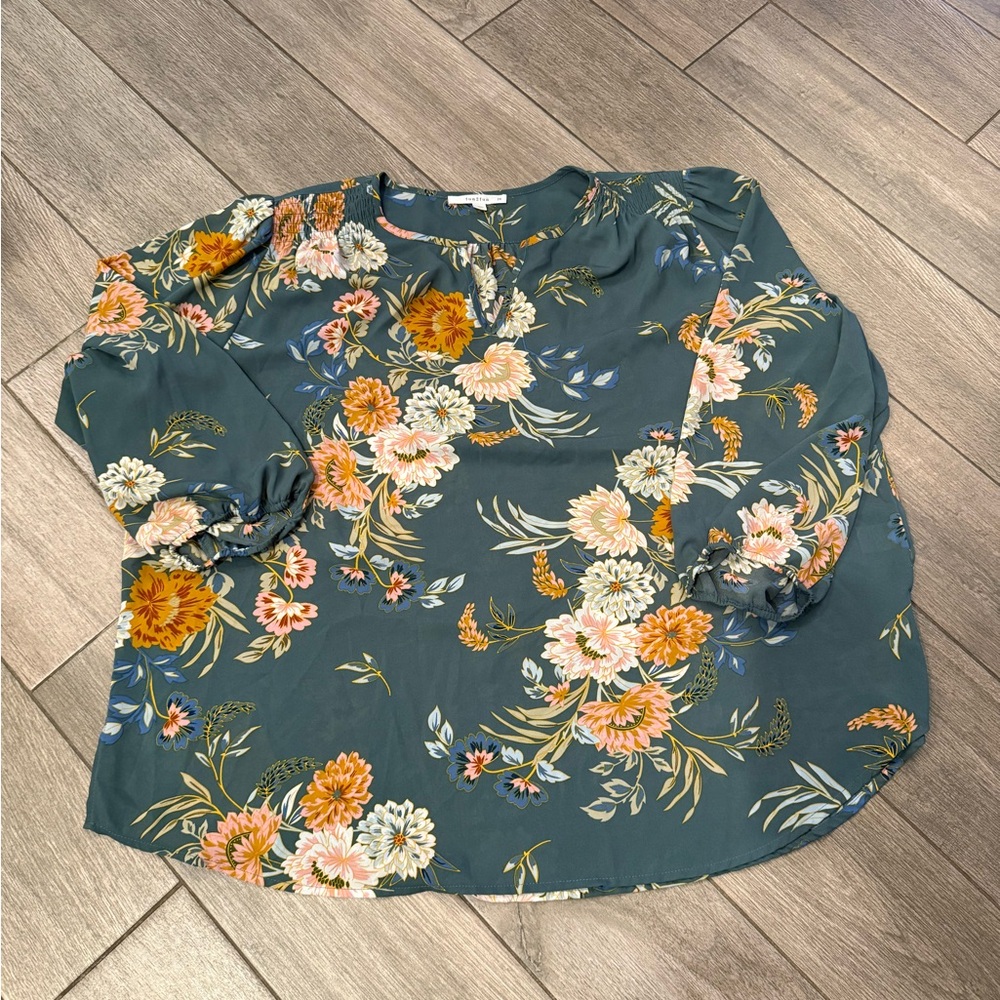 Teal Floral Long Sleeve Blouse with notch neck line